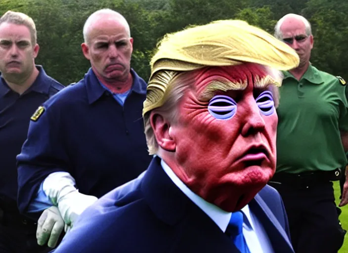 Image similar to arrested senior man with facial features like Donald Trump taken away by FBI at golf course, photo, photo by Alex Webb