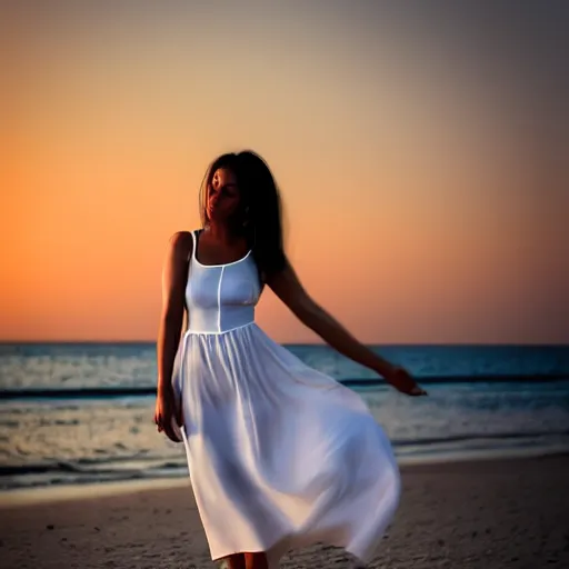 Image similar to a beautiful photograph of a woman in a white dress on the beach at sunset, by krysia lukkason