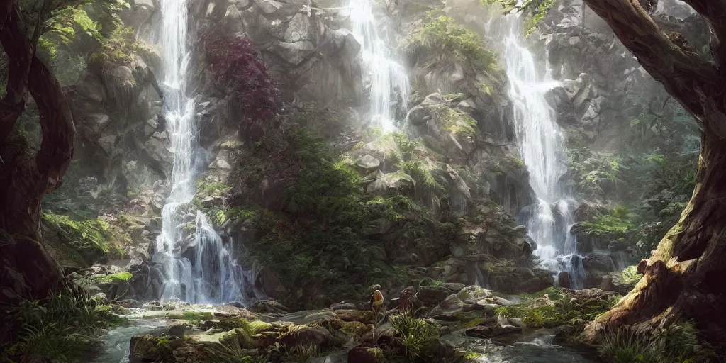 Prompt: waterfall in spring forest, d & d, fantasy, portrait, highly detailed, digital painting, trending on artstation, concept art, sharp focus, illustration, art by artgerm and greg rutkowski and magali villeneuve