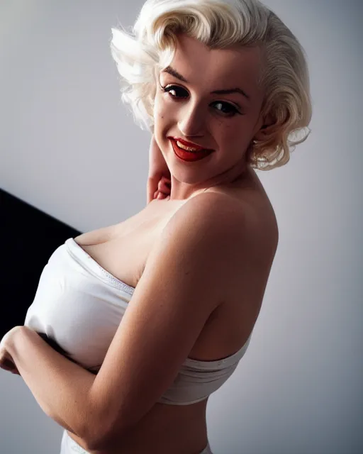 Image similar to Beautiful Head and shoulders portrait of smiling flirty seductive Marilyn monroe with platinum blonde hair, wearing a camisole by arney freytag, artstation, 35mm, fashion photoshoot, laying on a bed in a photo studio, golden hour, bokeh, rim lighting, fashion pose, octane, 4k