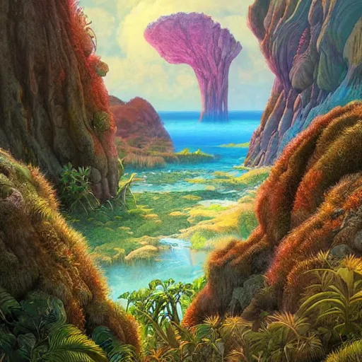 Image similar to digital painting of a lush natural scene on an alien planet by gerald brom. digital render. detailed. beautiful landscape. colourful weird vegetation. cliffs and water.