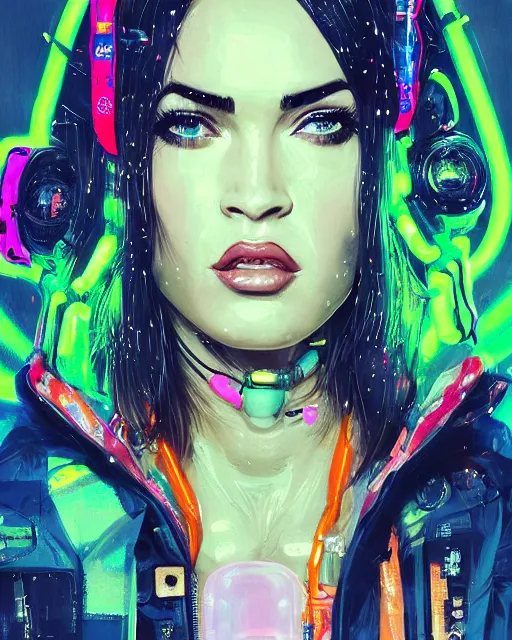 Image similar to detailed Megan Fox portrait Neon Operator Girl, cyberpunk futuristic neon, reflective puffy coat, decorated with traditional Japanese ornaments by Ismail inceoglu dragan bibin hans thoma !dream detailed portrait Neon Operator Girl, cyberpunk futuristic neon, reflective puffy coat, decorated with traditional Japanese ornaments by Ismail inceoglu dragan bibin hans thoma greg rutkowski Alexandros Pyromallis Nekro Rene Maritte Illustrated, Perfect face, fine details, realistic shaded, fine-face, pretty face