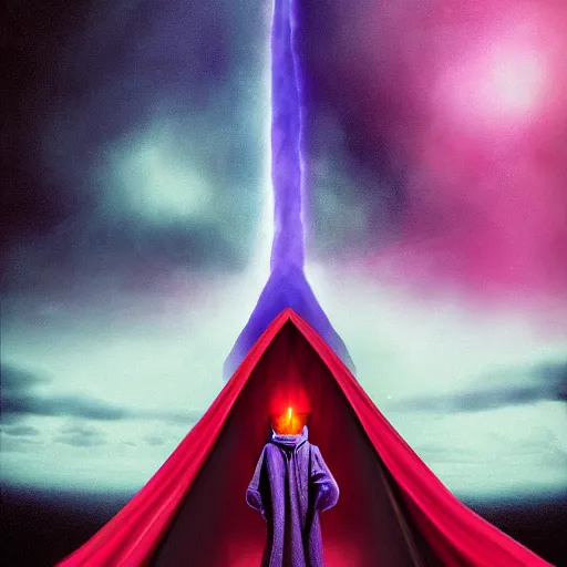 Prompt: red-hooded magician casting purple colored spells at 911 WTC Twin Towers, white glowing souls flying out of the towers into cosmic black hole sky, beautiful hyper realistic award winning photograph in the style of The Lord of the Rings