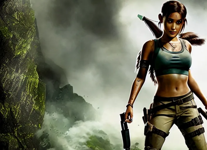 Image similar to film still of!!!! ariana grande!!! as lara croft in new tomb raider movie, 8 k