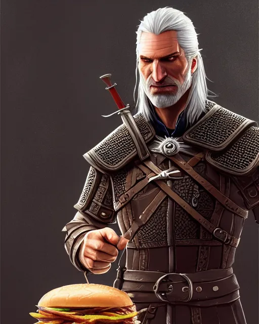 Image similar to portrait of geralt of rivia preparing to eat a hamburger, fantasy, intricate, elegant, highly detailed, digital painting, artstation, concept art, smooth, sharp focus, illustration, by artgerm and greg rutkowski