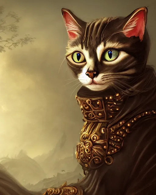 Prompt: a cat. a detailed portrait digital rococo painting of a beautiful cat wearing fantasy clothing. the cat has an, evil mood, hellish battlefield in the background, unreal engine, embers flying, hyper realism, realistic shading, cinematic composition, blender render, octane render, ultrawide shot