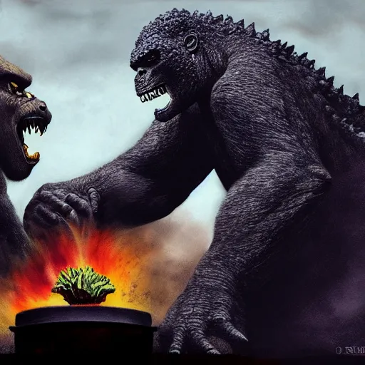 Image similar to a portrait of godzilla and king kong sitting down 1 8 a cup of tea digital concept art