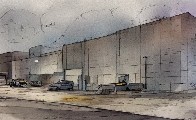 Image similar to concept art of a concrete factory exterior, pinterest, artstation trending, behance, watercolor, by coby whitmore, silver, laser light,