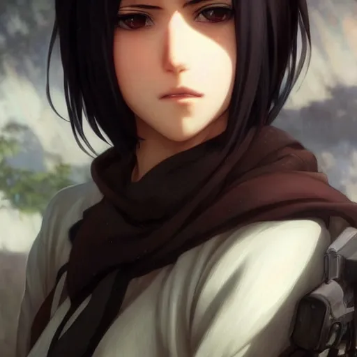 Image similar to mikasa ackerman, bokeh, beautiful face!!!!, 2 7 years old, cg animation, lifelike, animated, realistic, character select portrait, by artgerm, greg rutkowski, alphonse mucha, 3 d