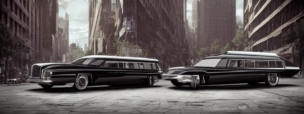 Image similar to A futuristic 50's style hearse on a manhattan street, beautiful, detailed, intricate, insanely detailed, 3D render digital art, octane render, 8K, photorealistic digital art, realistic volumetric lighting