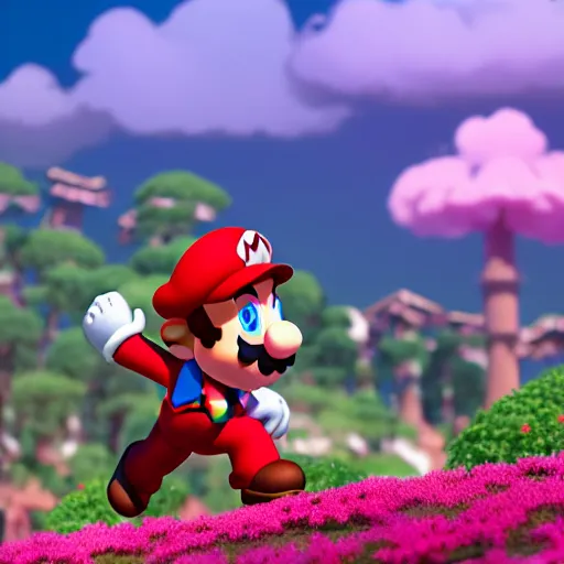 Image similar to a wholesome animation key shot of mario on a hill, fluffy pink anime clouds, studio ghibli, pixar animation, sharp, rendered in unreal engine 5, anime key art, bloom, dramatic lighting
