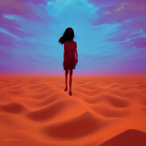 Image similar to closeup giant dahlia flower floating head, a girl walking between dunes, surreal photography, sunrise, blue sky, dramatic light, impressionist painting, digital painting, artstation, simon stalenhag