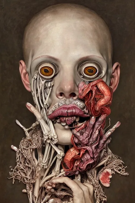 Image similar to Detailed maximalist portrait of a greek god with large lips and eyes, scared expression, botanical anatomy, skeletal with extra fleshy limbs, HD mixed media, 3D collage, highly detailed and intricate, surreal illustration in the style of Jenny Saville, dark art, baroque, centred in image