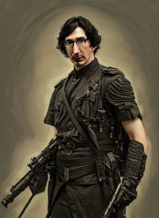 Image similar to painting of both john oliver and adam driver together, john oliver, stoic, full body, military uniform, fantasy, intricate, elegant, beautiful, highly detailed, charcoal, centered, dark, smokey, digital painting, concept art, smooth, sharp focus, illustration, art by artgerm, art by greg rutkowski, art by alphonse mucha