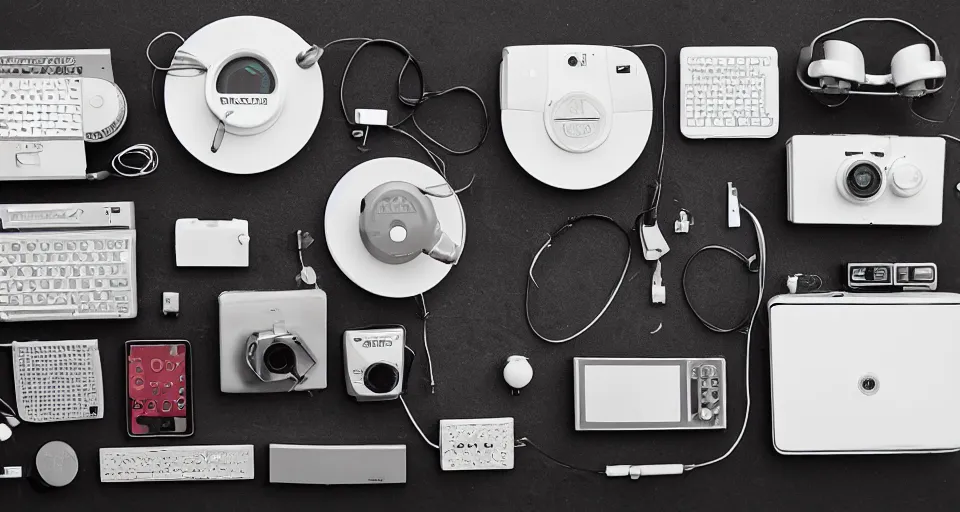 Prompt: a knolling of retro gadgets, overhead shot, flatlay