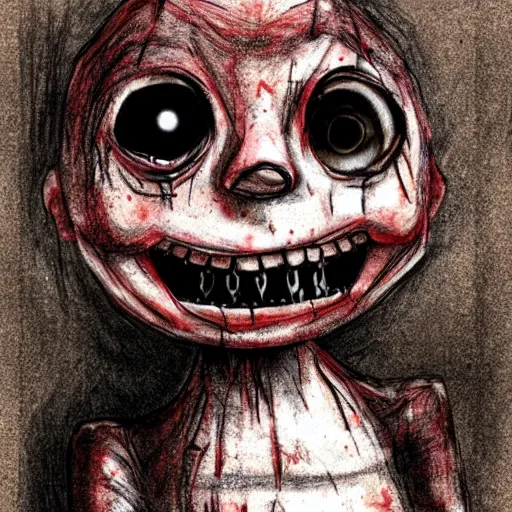 Image similar to eerie rotting little animatronic staring at camera, bloody, creepy smile, colored sketch, demented