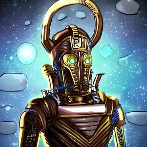 Image similar to space pharaoh with a cybernetic gauntlet, steampunk theme, futuristic environment, epic background