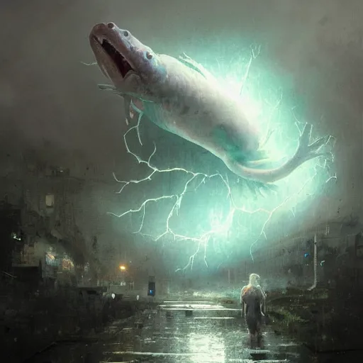 Image similar to shocked Axolotl hit by lightning from the sky in a small puddle, thunder, dramatic, dark, fantasy, digital art, hyperrealistic, Greg Rutkowski, Trending on Artstation, highly detailed