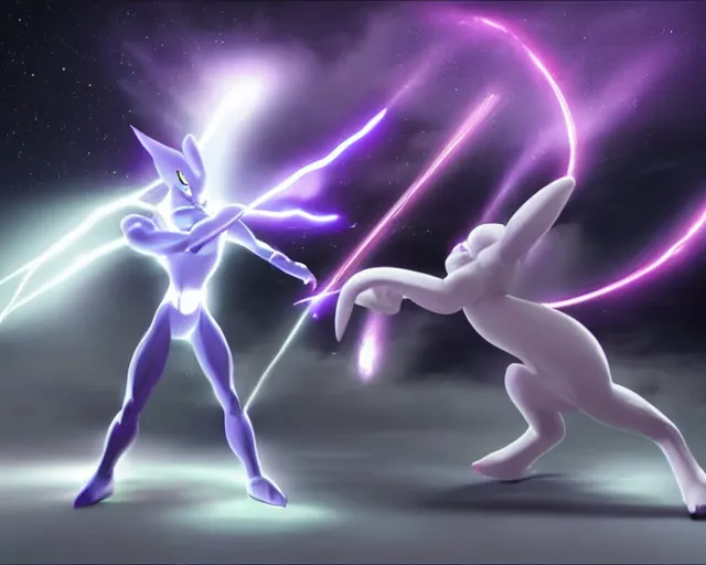 Prompt: mewtwo fighting frieza epic battle, cgi render, lightning, beams of light, wide angle, highly detailed
