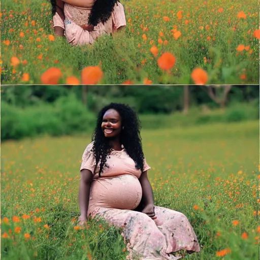 Image similar to pregnant east african woman with curly hair in a vast field of flowers with a tiny black puppy, laying down, looking into the distance, golden hour, vintage, impressionist painting, fine art, oil painting, dreamy, pastel, laughing, happy, intricate details, sharp, peaceful, serene