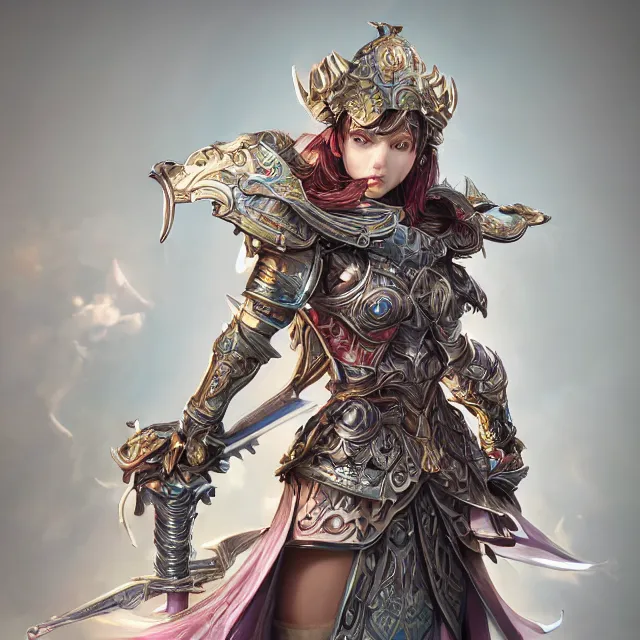 Image similar to studio portrait of lawful good colorful female holy shield paladin as absurdly beautiful, elegant, young sensual gravure idol, ultrafine hyperrealistic detailed face illustration by kim jung gi, irakli nadar, intricate linework, sharp focus, bright colors, matte, octopath traveler, final fantasy, unreal engine highly rendered, global illumination, radiant light, intricate environment