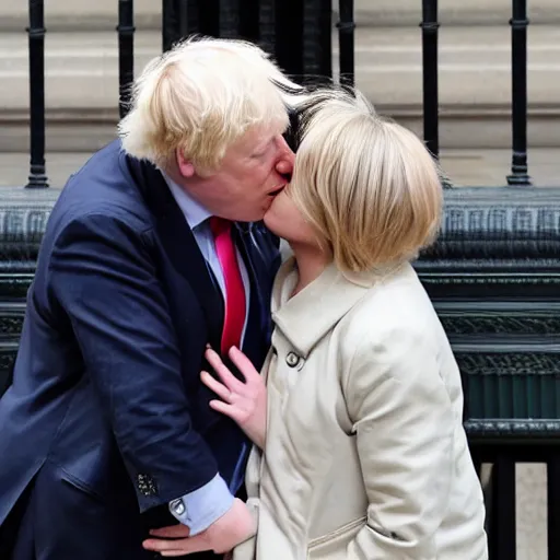 Prompt: a paparazzi photo of boris johnson kissing donald trump along the houses of parliament, london, the sun newspaper, detailed, canon eos, f / 1. 2, 2 0 0 mm lens, photograph