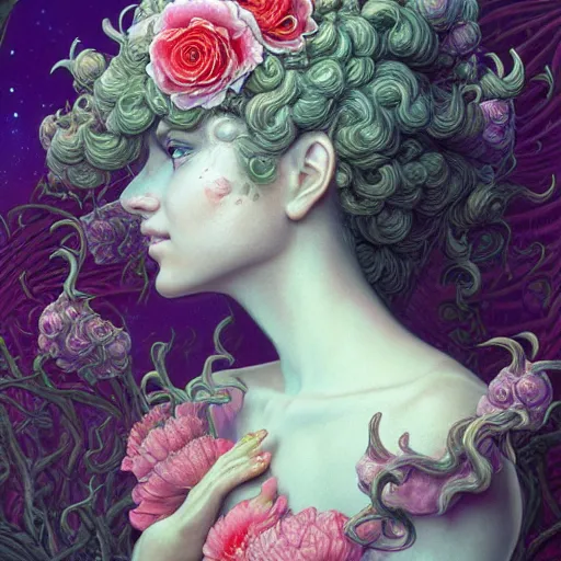 Image similar to a beautiful detailed front view portrait of princess peach with ornate growing around, ornamentation, flowers, elegant, beautifully soft lit, by wayne barlowe, peter mohrbacher, kelly mckernan
