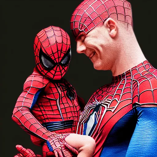 Image similar to realistic photo of spiderman holding baby wearing spiderman costumes, an film still