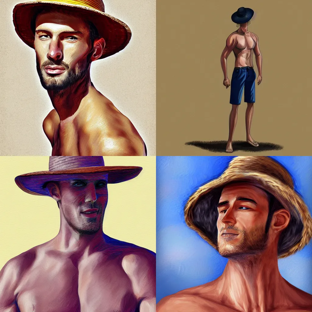 Prompt: A tall muscular man wearing a straw hat, digital painting