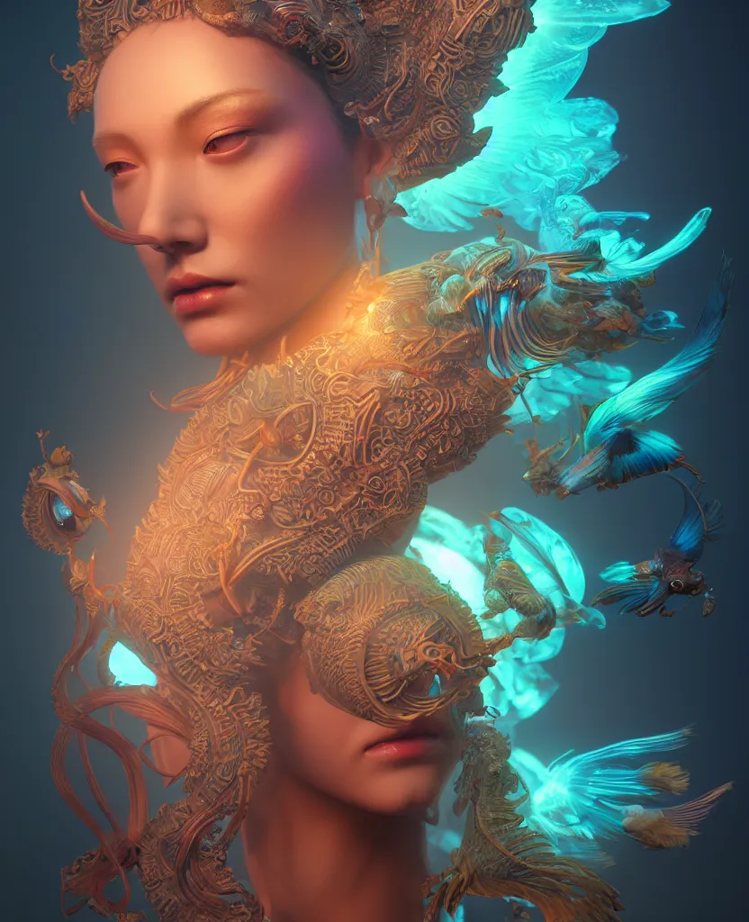 Image similar to goddess close-up portrait. orchid bird phoenix head, nautilus, skull, betta fish, bioluminiscent creatures, intricate artwork by Tooth Wu and wlop and beeple. octane render, trending on artstation, greg rutkowski very coherent symmetrical artwork. cinematic, hyper realism, high detail, octane render, 8k