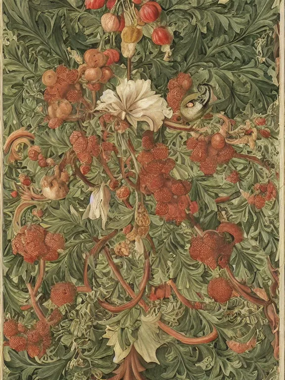 Image similar to a beautiful render of an elaborate arabesque motif, adorned with exotic birds, berries, flowers, swirling vines, datura blossoms, by Raphael, William Morris, and Antoine Watteau, hyperreal