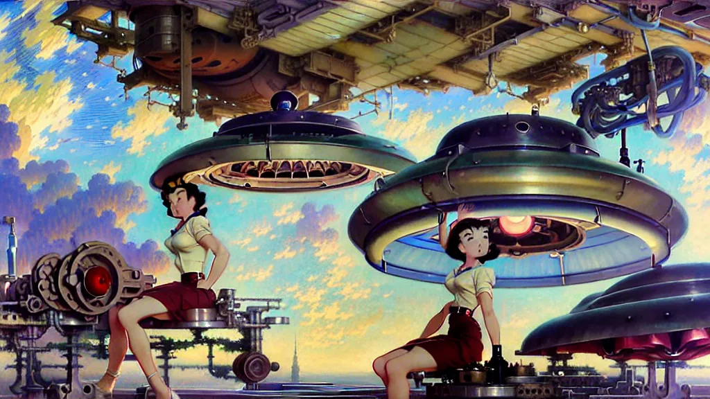 Image similar to a film still of a 1 9 5 0's mechanic anime girl with high detailed face sitting on top of flying ufo landing in hangar of giant ufo spaceship, trending on pixiv fanbox, painted by gaston bussiere, makoto shinkai, akihiko yoshida, gaston bussiere, craig mullins