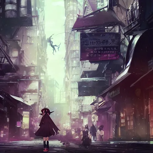 Prompt: anime key visual of a little witch walking through busy cities, cinematic lighting, dramatic atmosphere, by dustin nguyen, akihiko yoshida, greg tocchini, greg rutkowski, cliff chiang, 4 k resolution