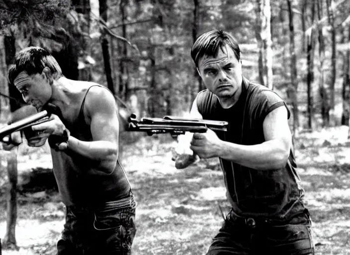 Image similar to an action scene from the movie scarface, medium long shot, filmed in the dark woods, a cabin in the background, leonardo dicaprio and daniel day - lewis, sharp eyes, serious expressions, detailed and symmetric faces, black and white, cinematic, epic,