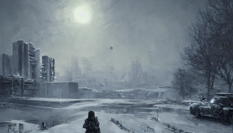 Prompt: a beautiful painting in the style of cedric peyravernay of a snowy landscape overlooked by a female spy in tactical gear, overseeing a large brutalist facility in the distance, award winning art