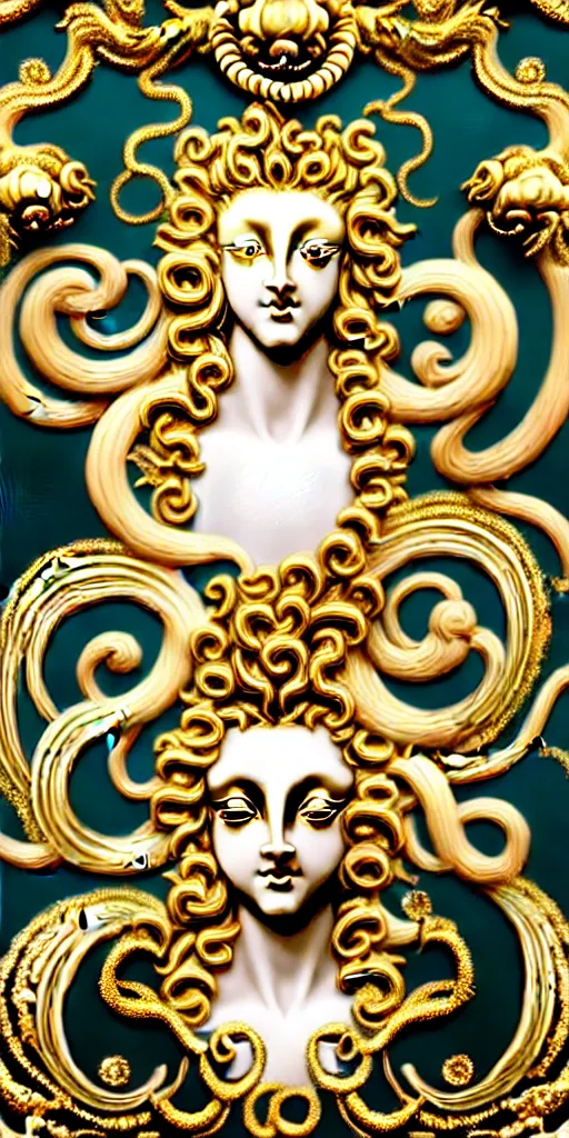 Prompt: the source of future growth dramatic, elaborate emotive Golden Baroque and Rococo styles to emphasise beauty as a transcendental, seamless pattern, symmetrical, large motifs,versace medusa logo in centre, bvlgari jewelry, rainbow syrup splashing and flowing, Palace of Versailles, 8k image, supersharp, spirals and swirls in rococo style, medallions, iridescent black and rainbow colors with gold accents, perfect symmetry, High Definition, photorealistic, masterpiece, 3D, no blur, sharp focus, photorealistic, insanely detailed and intricate, cinematic lighting, Octane render, epic scene, 8K