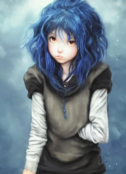 Prompt: medium shot A twelve years old girl with orange eyes, dark blue!! short curly dark blue dyed!! hair i a black hoodie with white!! eyes!! ornament!! and grunge jeans, with the black cauldron, making a potion, blue shiny lighting, beautiful fantasy art by By Artgerm and Hayao Miyazaki, trending on artstation