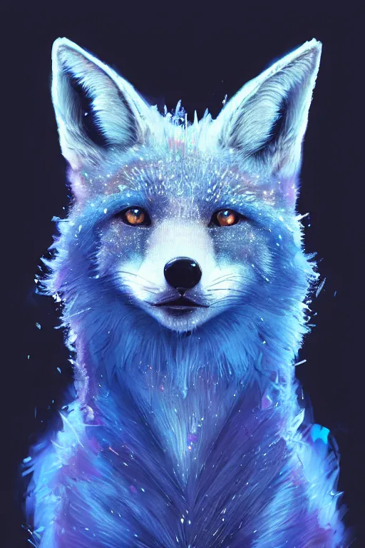 Prompt: A fancy portrait of a blue crystalized fox by Greg Rutkowski, beeple, Sung Choi, Mitchell Mohrhauser, Maciej Kuciara, Johnson Ting, Maxim Verehin, Peter Konig, final fantasy, macro lens, 35mm, 8k photorealistic, cinematic lighting, HD, high details, dramatic, dark atmosphere, trending on artstation