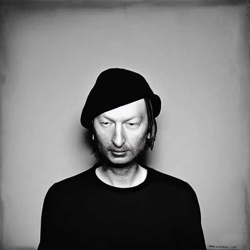 Prompt: Radiohead, with a beard and a black shirt, a computer rendering by Martin Schoeller, cgsociety, de stijl, uhd image, tintype photograph, studio portrait, 1990s, calotype