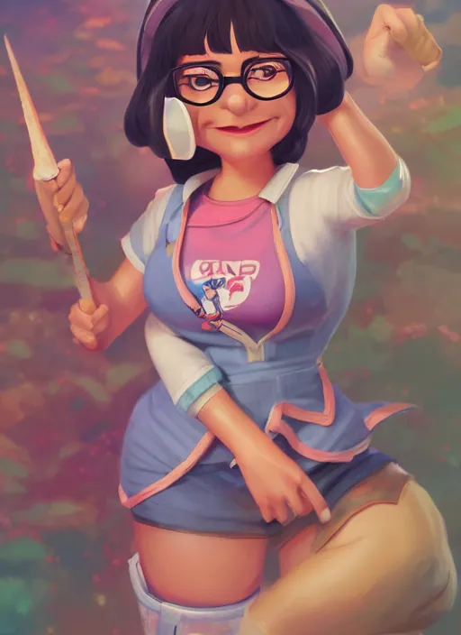 Prompt: tina belcher as a character from league of legends, hyper detailed, digital art, overhead view, trending in artstation, studio quality, smooth render, unreal engine 5 rendered, octane rendered, art style by klimt and nixeu and ian sprigger and wlop and krenz cushart