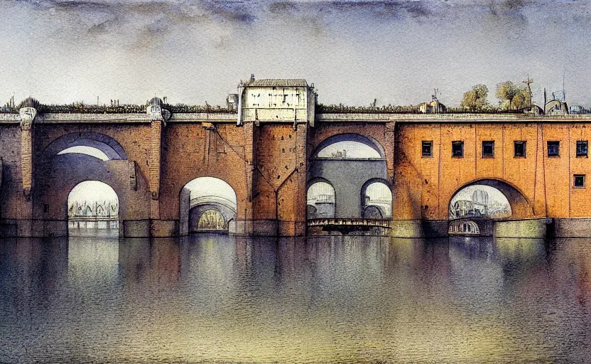 Prompt: city bay bridge aqueduct, colorful watercolor. by rembrandt, ralph mcquarrie, escher aluminum, cast iron 1 6 6 7