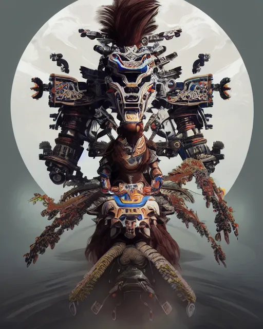 Image similar to portrait of a machine from horizon zero dawn, machine face, upper body, decorated with chinese opera motifs, asian, traditional chinese art, intricate, elegant, highly detailed, digital painting, artstation, concept art, smooth, sharp focus, illustration, art by artgerm and greg rutkowski and alphonse mucha, 8 k