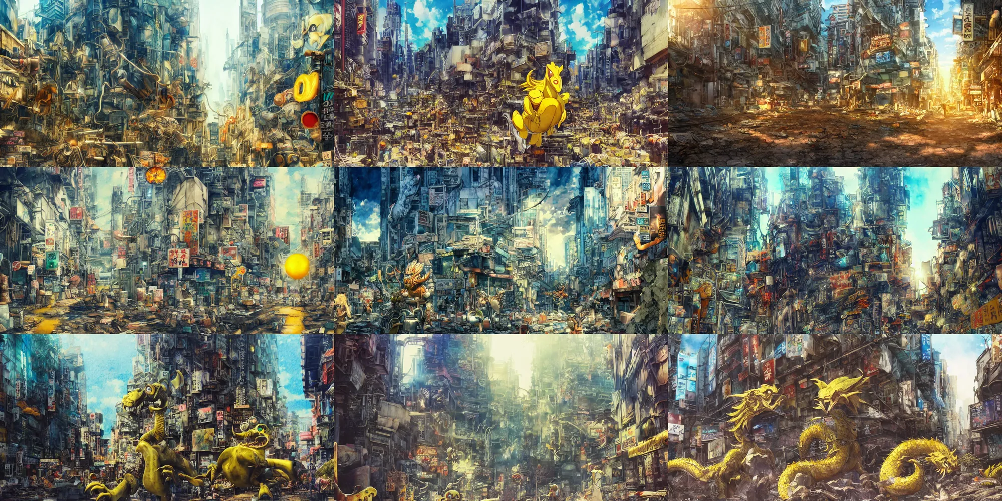 Prompt: incredible anime movie scene, low angle, skyscraper, watercolor, underwater market, wide path, coral, harsh bloom lighting, rim light, abandoned city, paper texture, movie scene, caustics shadows, deserted shinjuku junk town, old pawn shop, bright sun ground, pipes, yellow dragon head festival, robot monster in background