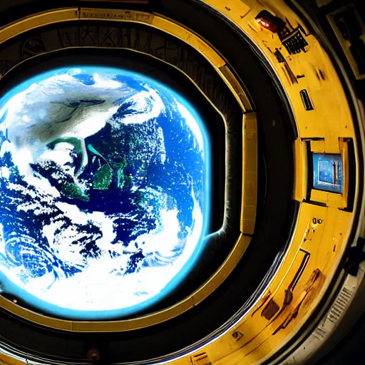 Prompt: planet earth through a window in a space station, digital art, unsaturated, matte, in the style of interstellar