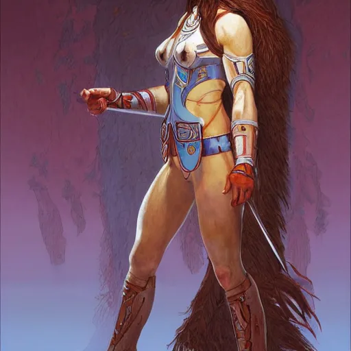 Image similar to painting of a shamanic warrior woman with blue eyes, brown hair, and silver armor by mœbius and by jon foster, trending on artstation