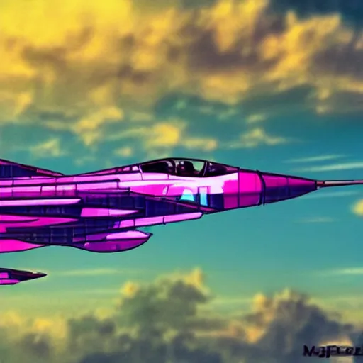 Prompt: mig - 2 5 flying above vaporwave clouds, vaporwave art