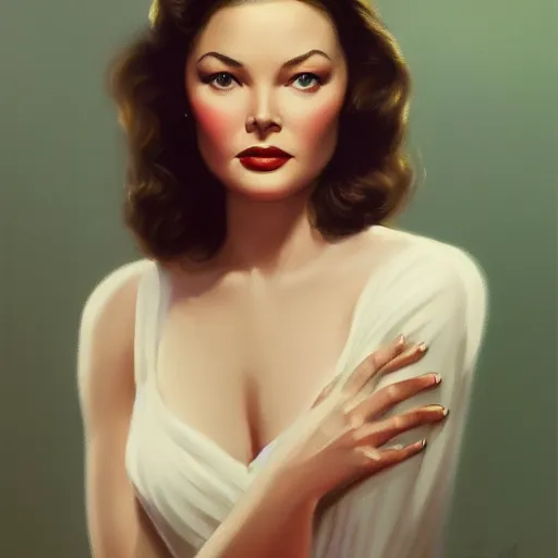 Image similar to young beautiful Gene Tierney color studio publicity photo , tight face shot portrait, highly detailed, digital painting, artstation, concept art, sharp focus, illustration, art , by norman rockwell