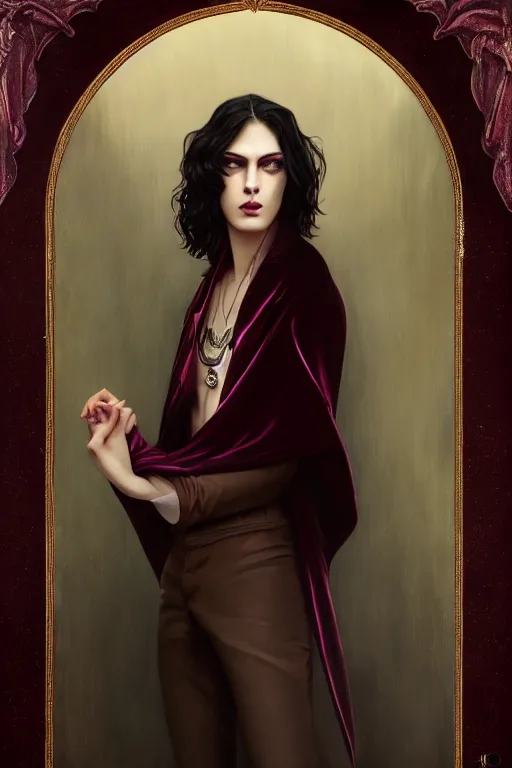 Image similar to a beautiful androgynous man, long thick dark hair, deep brown eyes, vampire, dressed in velvet, wearing a ruby pendant, illustration, dramatic lighting, soft details, painting oil on canvas, art nouveau, octane render, HDR, 4k, 8k, HD, by Edmund Blair Leighton, Brom, Charlie Bowater, faces by otto schmidt