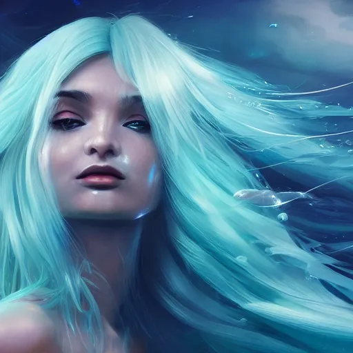 Image similar to A mesmerizing ethereal oceanic portrait of Kim Petras, splash art, dispersion art, natural light, sunlit, hyperdetailed, artstation, cgsociety, 8k