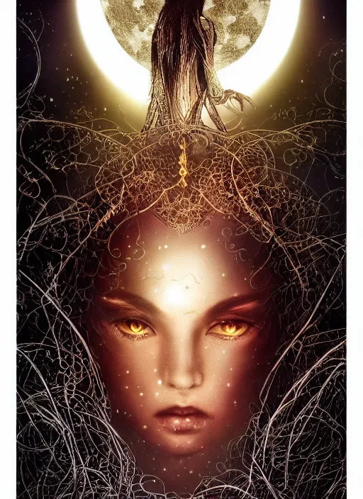 Image similar to glowing silver and golden elements, full close-up portrait, A beautiful dark witch in front of the full big moon, book cover, green forest, red white black colors, establishing shot, extremly high detail, foto realistic, cinematic lighting, pen and ink, intricate line drawings, by Yoshitaka Amano, Ruan Jia, Kentaro Miura, Artgerm, post processed, concept art, artstation, matte painting, style by eddie, raphael lacoste, alex ross